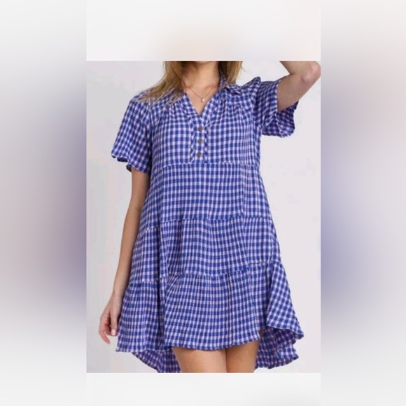Umgee Dresses & Skirts - Umgee Gingham Tiered Button Detail Short Sleeve Dress Plus Size Large